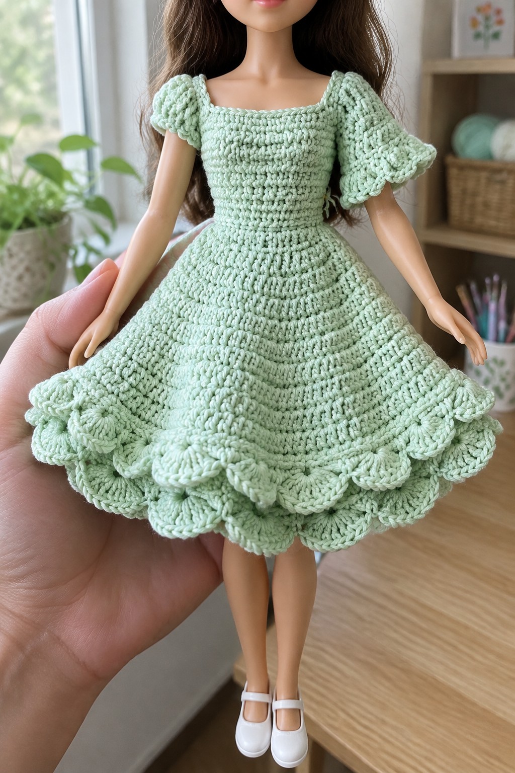 Hand holds doll in light green crocheted dress with ruffled hem and sleeves.