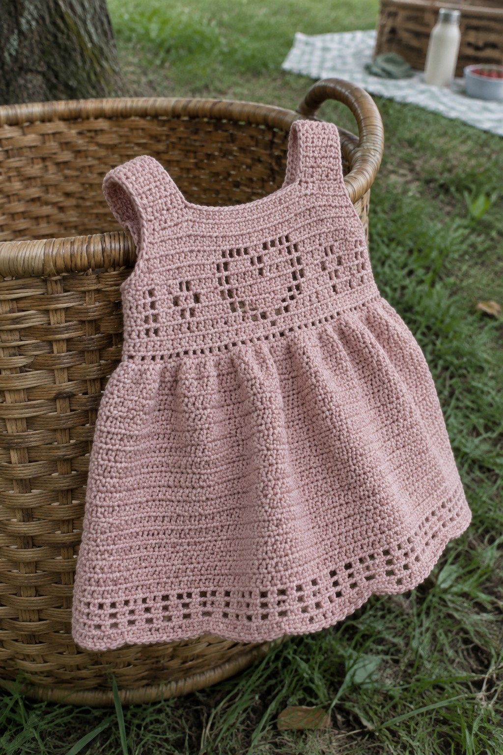 Pink crocheted dress draped over wicker basket on grassy picnic ground
