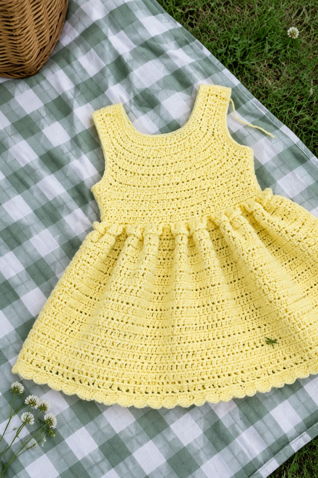 Yellow crocheted dress with ruffled skirt on green checkered blanket beside basket.