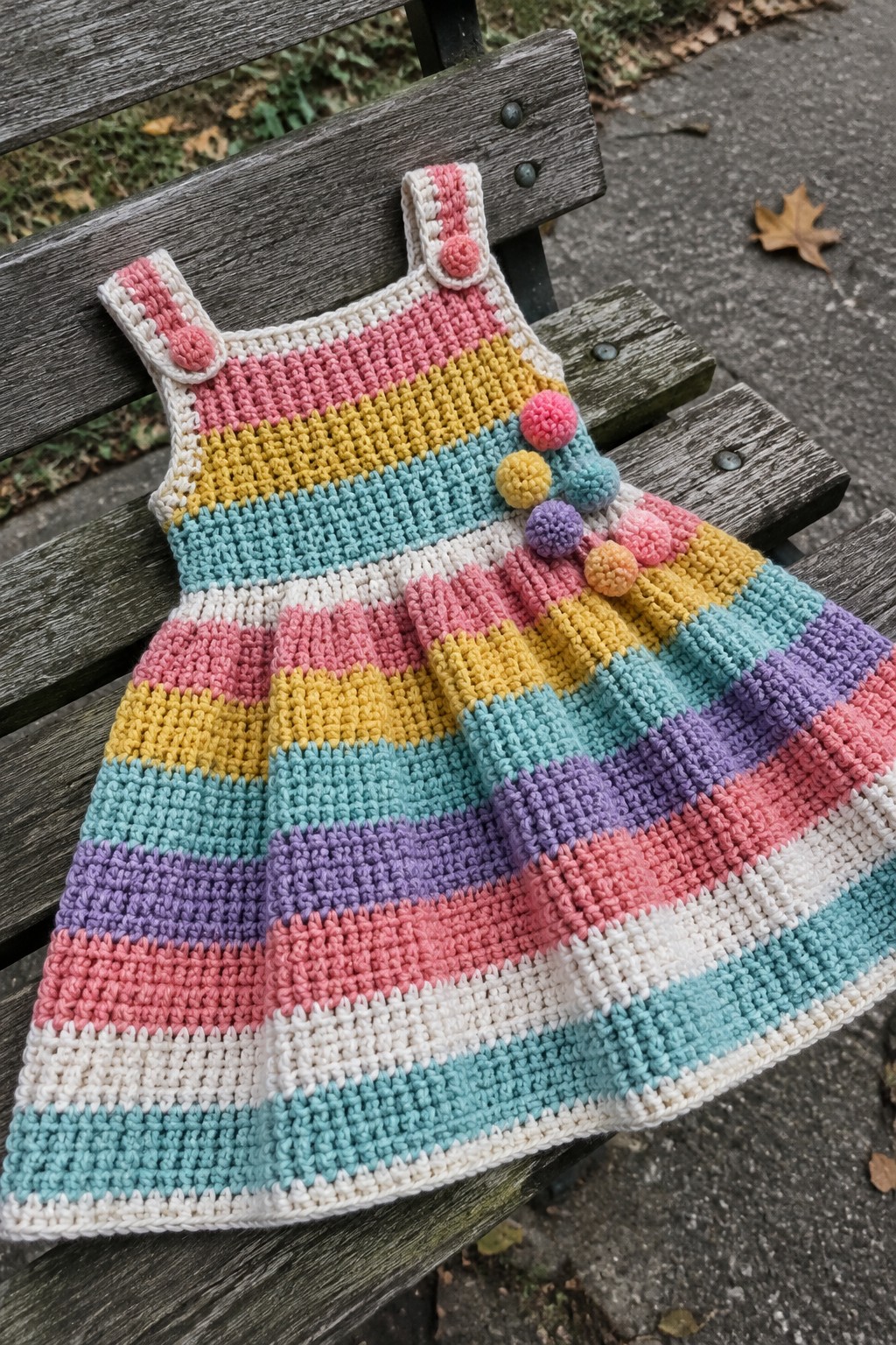 Rainbow-striped crochet dress with pom-poms on wooden park bench