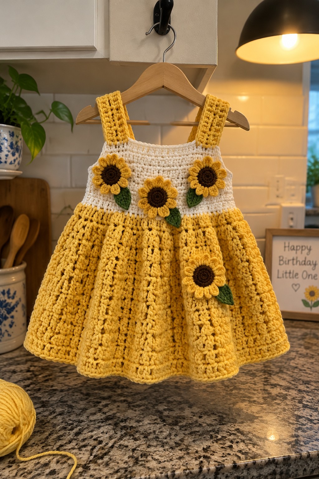 Yellow crocheted sunflower dress with white bodice on wooden hanger in kitchen