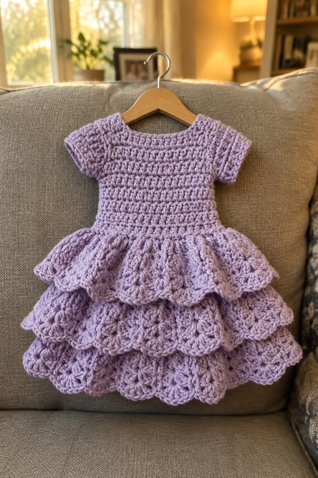 Lavender crocheted tiered ruffle dress on wooden hanger over gray couch