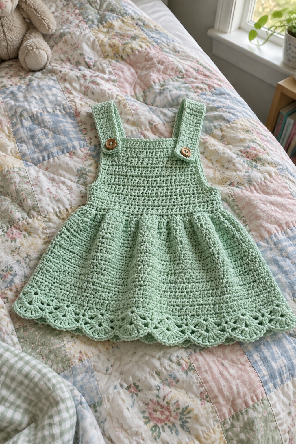 Mint green crocheted child's dress with buttons on floral patchwork quilt