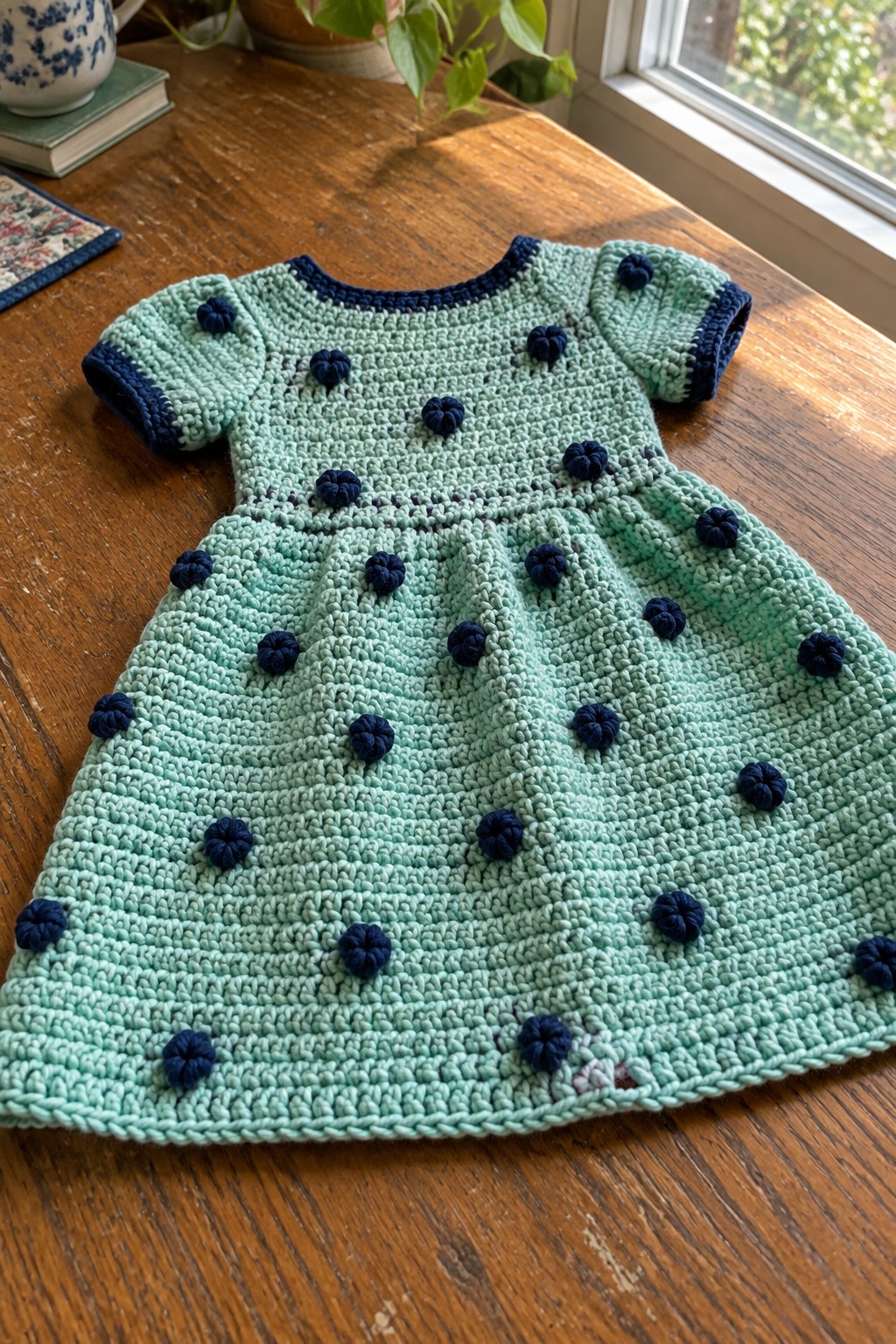 Mint green crocheted dress with navy blue bobbles on wooden table