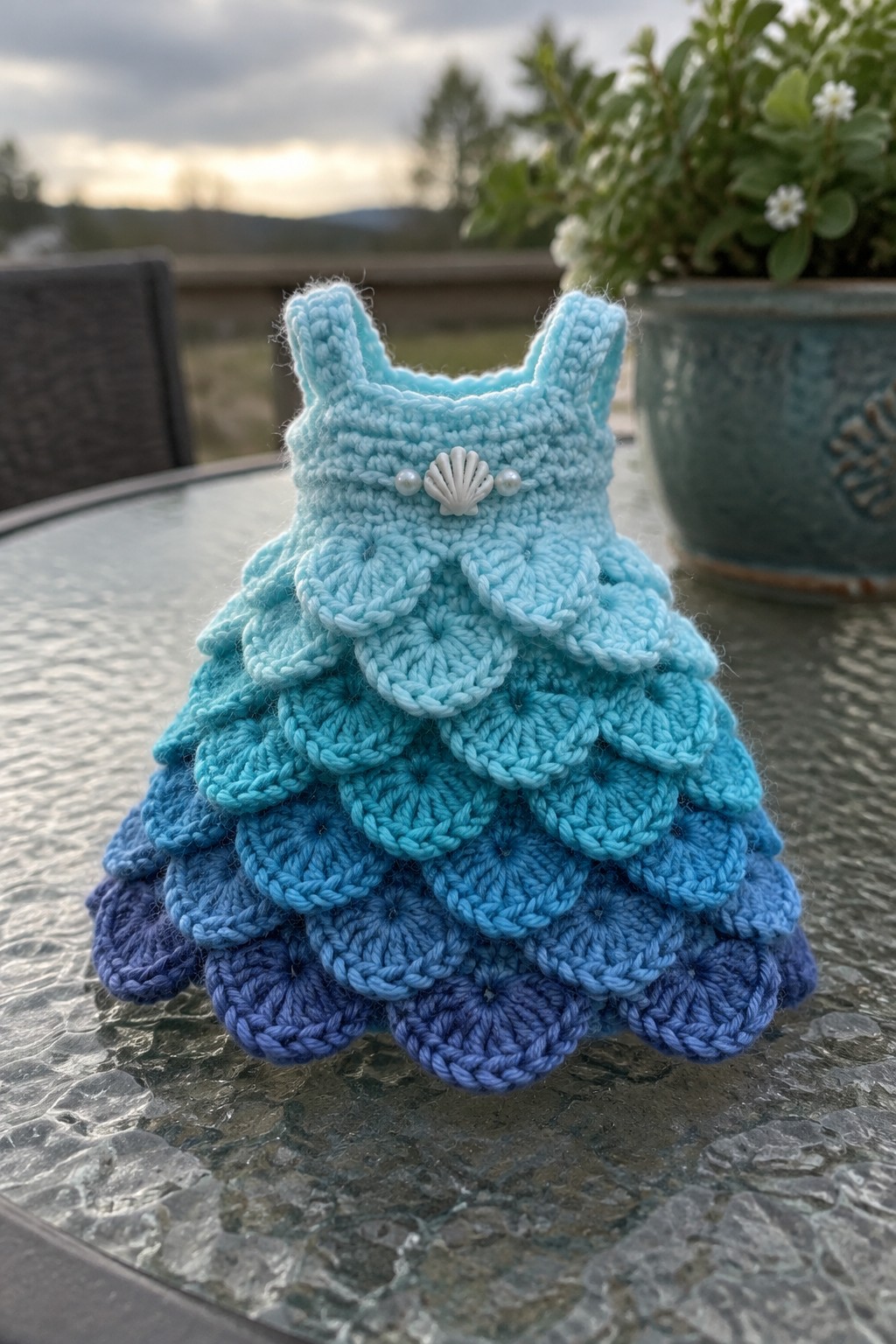 Ombre blue crocheted miniature dress with shell and pearls on glass table outdoors