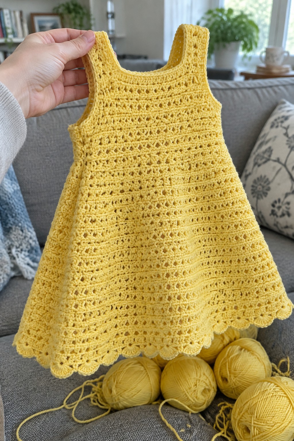 Hand holding yellow crocheted child's dress above yarn balls on gray couch