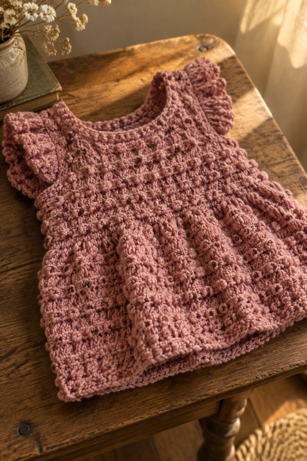 Pink crocheted child's dress with ruffled sleeves on wooden table