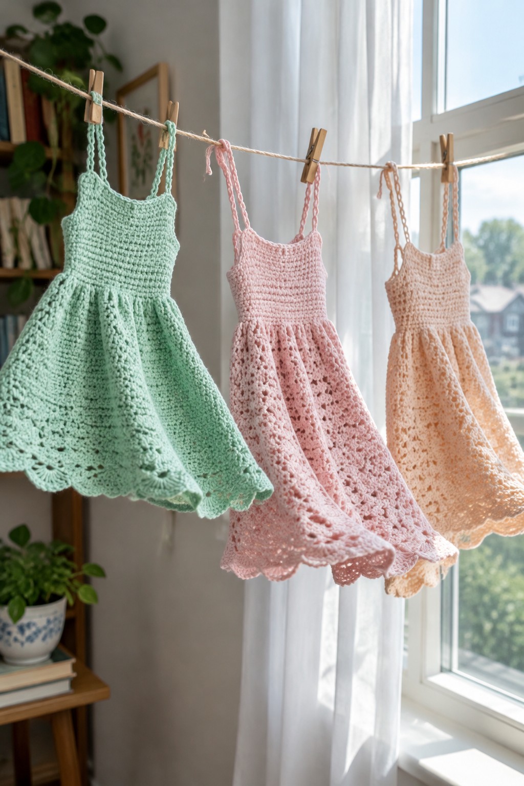 Three pastel crocheted dresses hanging on a clothesline near a window