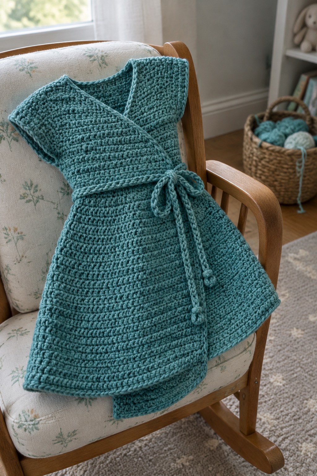 Teal crocheted dress with belt on wooden rocking chair beside yarn basket.