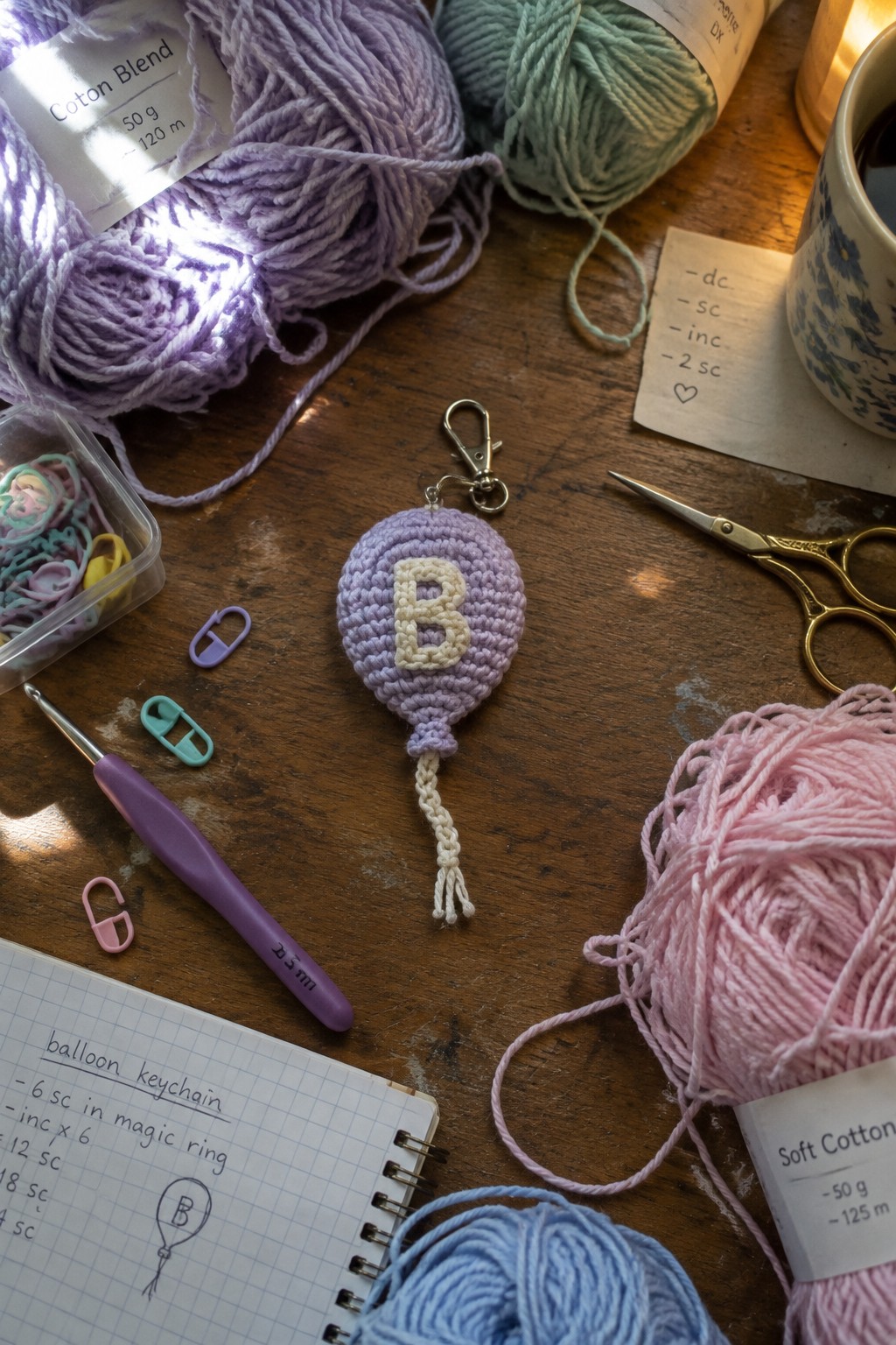 Purple crocheted balloon keychain with B amid yarns, hook, scissors and notebook on wood
