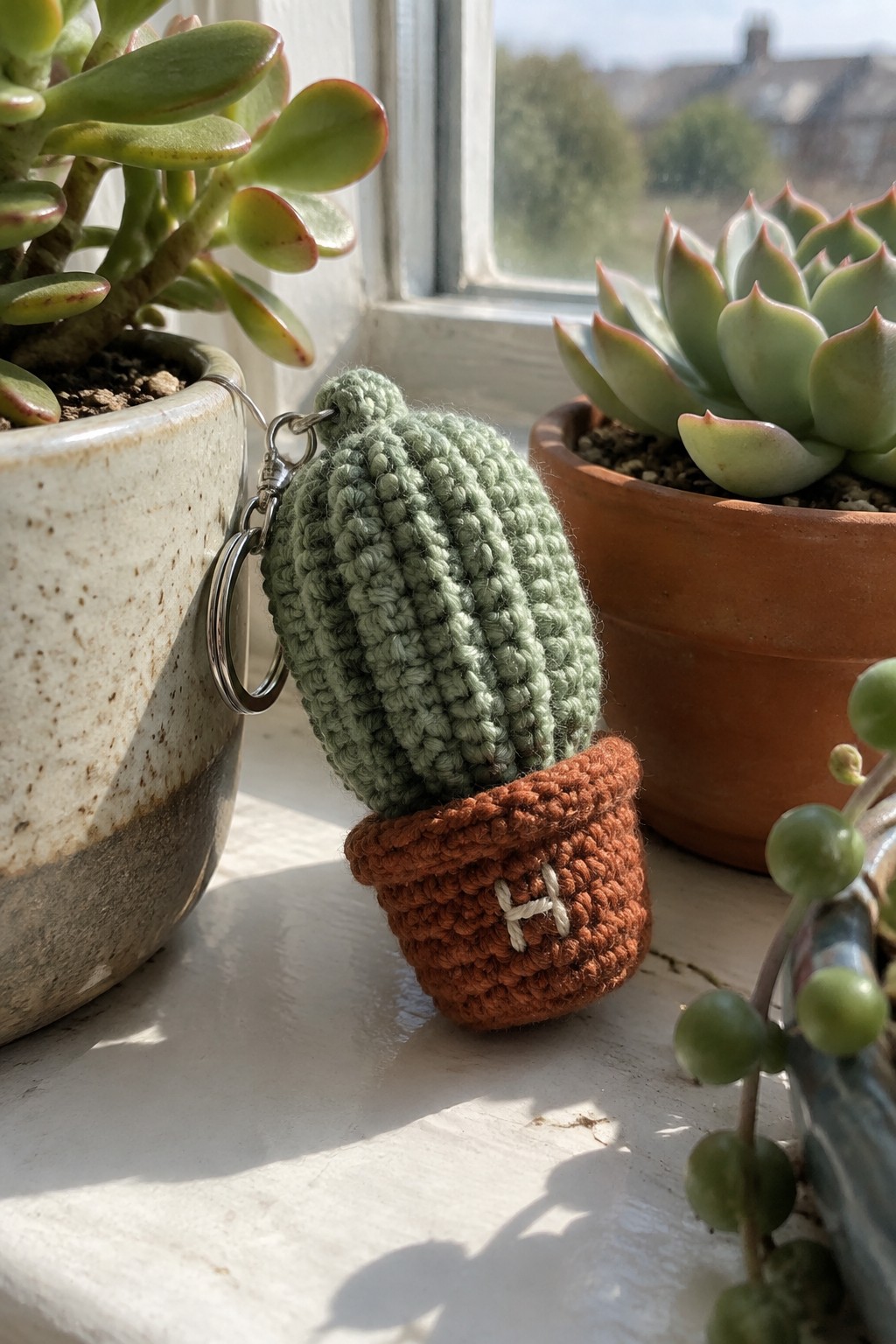 Crocheted green cactus keychain in brown pot with H among succulents on sill