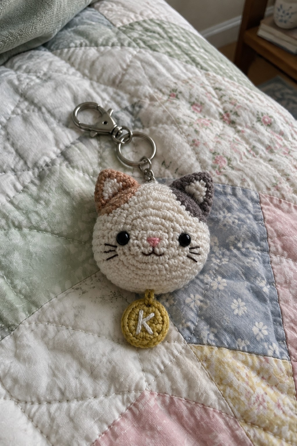 Crocheted calico cat keychain with yellow K tag on floral quilt
