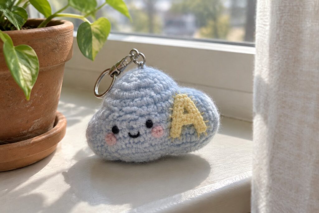 20 Personalized Crochet Initial Keychain Ideas for Handmade Gifts Light blue crocheted cloud keychain with yellow A on white windowsill