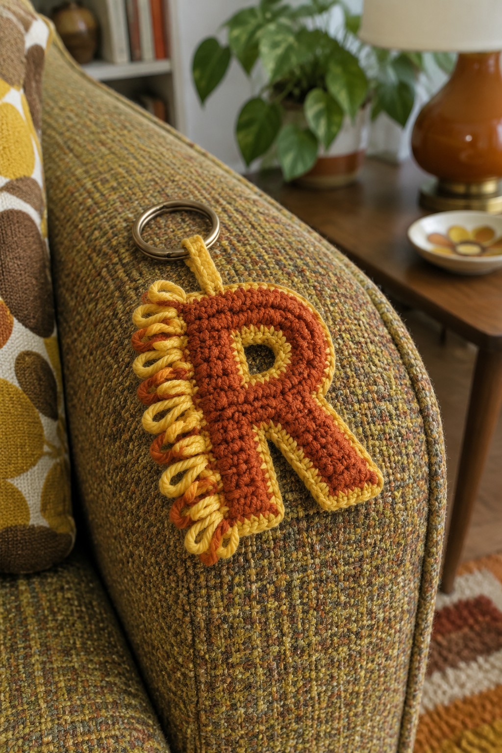 Orange and yellow crocheted R keychain on patterned tweed couch arm