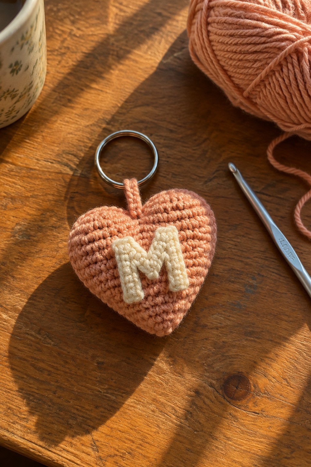 Crocheted peach heart keychain with cream M on wooden table beside yarn and hook
