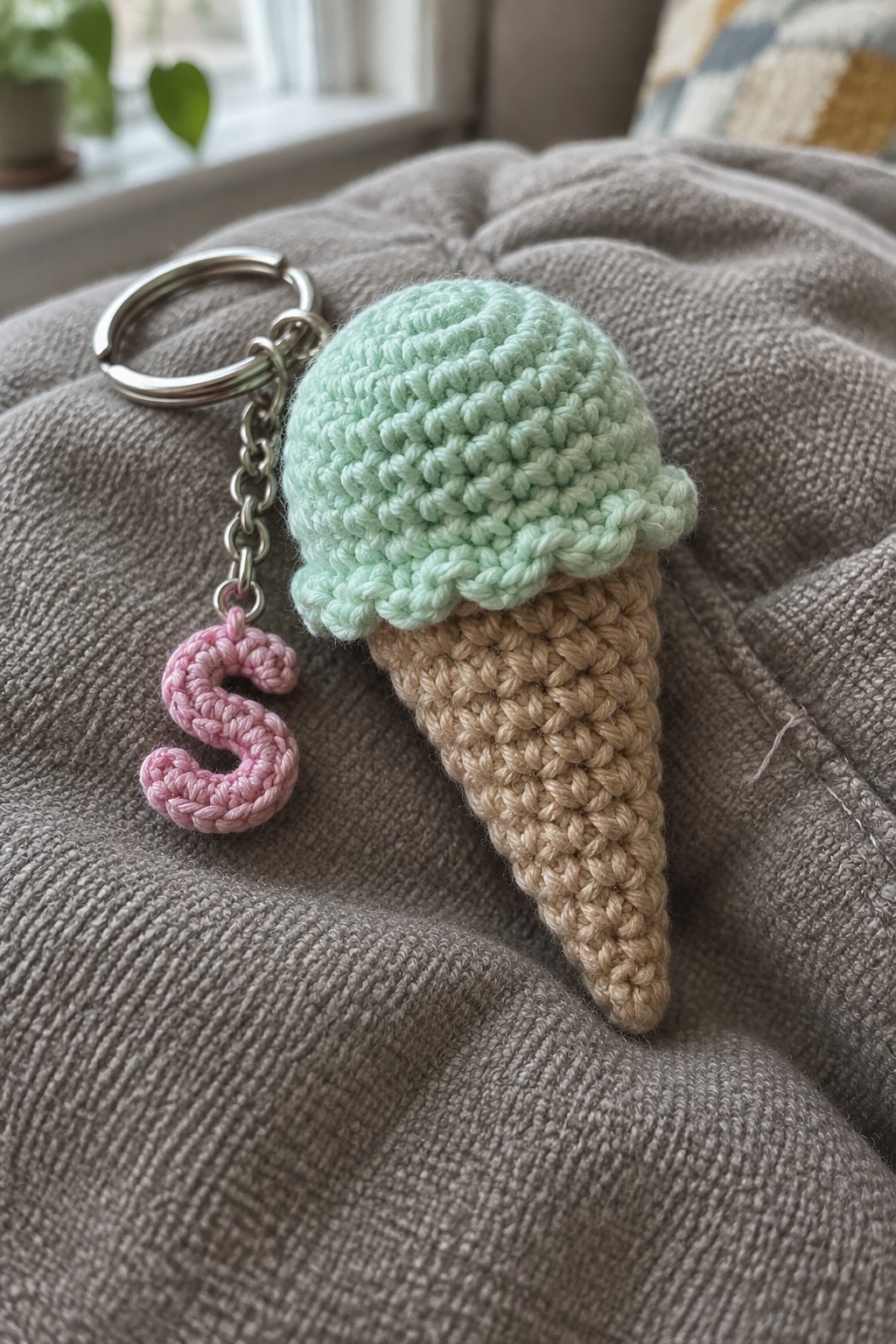 Crocheted mint green ice cream cone keychain with pink S on gray fabric