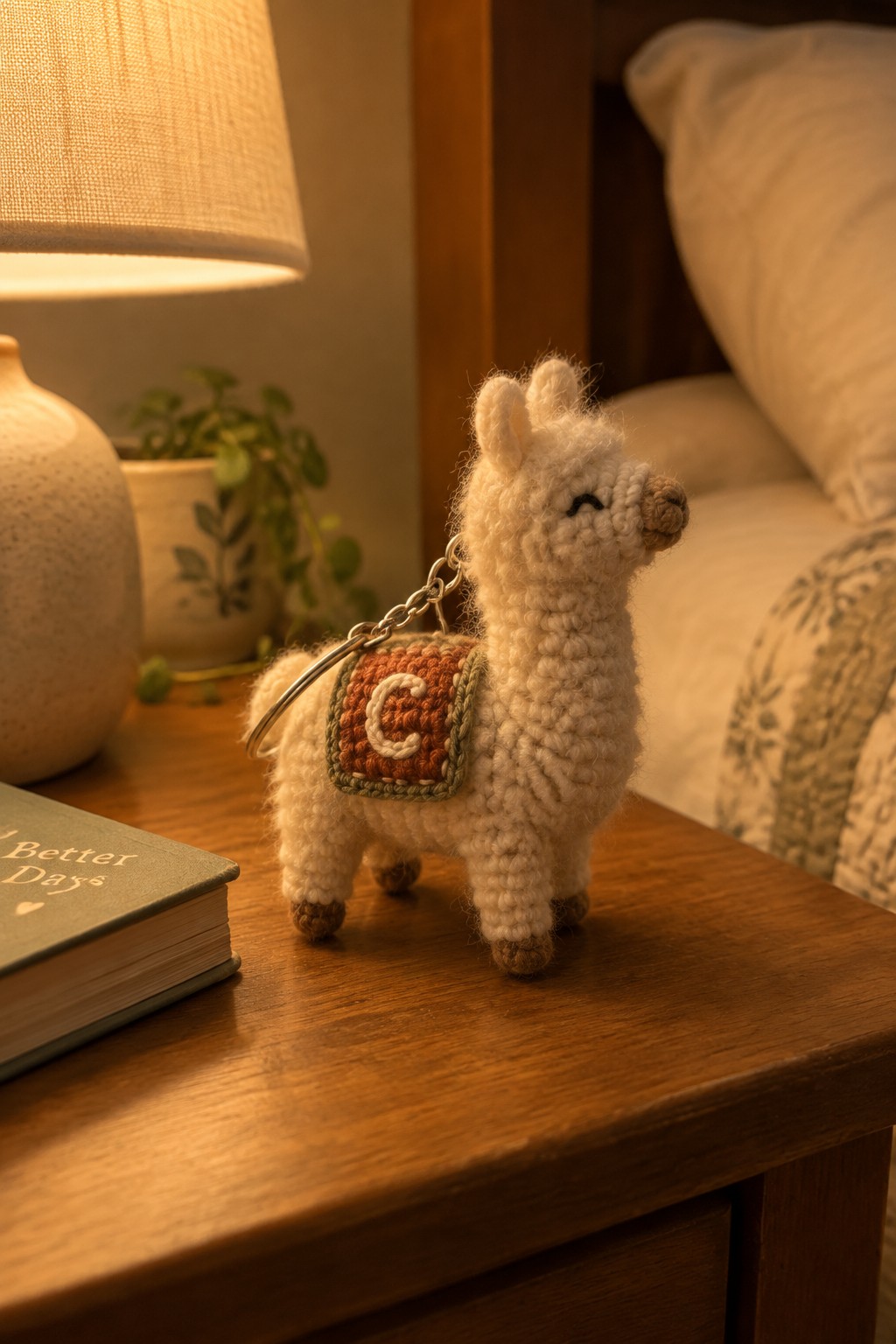 Crocheted white llama keychain with orange C saddle on wooden nightstand beside lamp