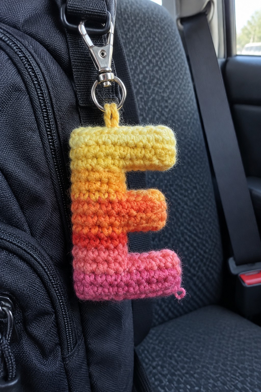 Crocheted yellow-to-pink gradient E keychain clipped to black backpack in car