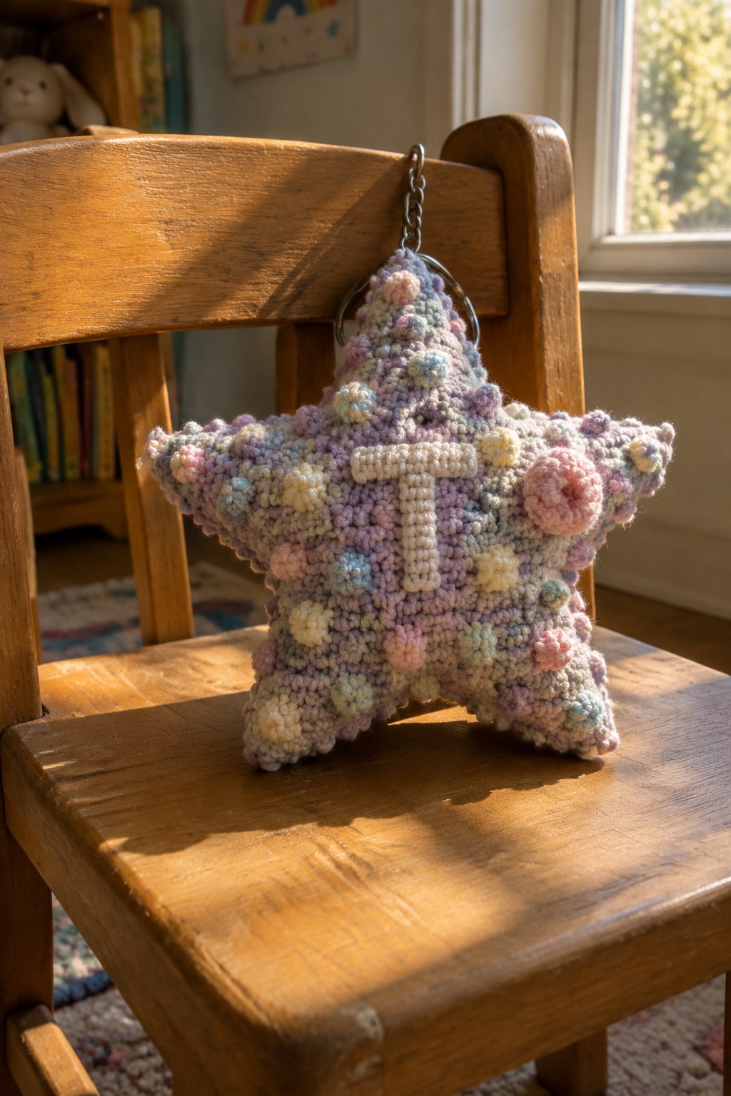 Pastel crocheted star with white cross hanging on wooden chair in sunlight