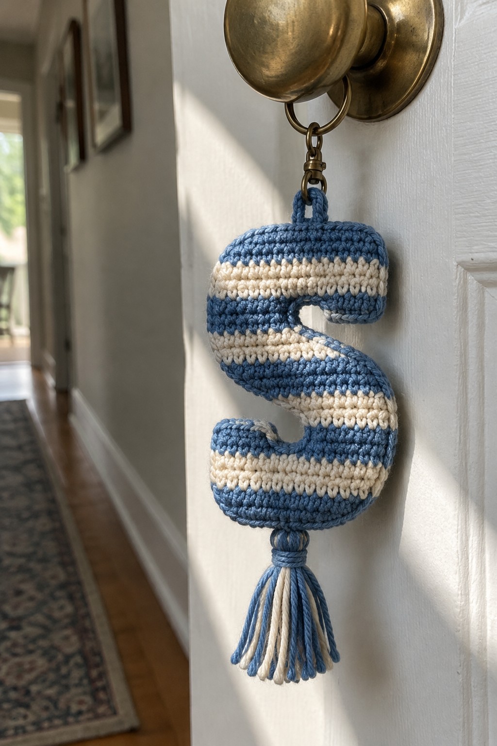 Crocheted blue and white striped letter S with tassel on brass doorknob