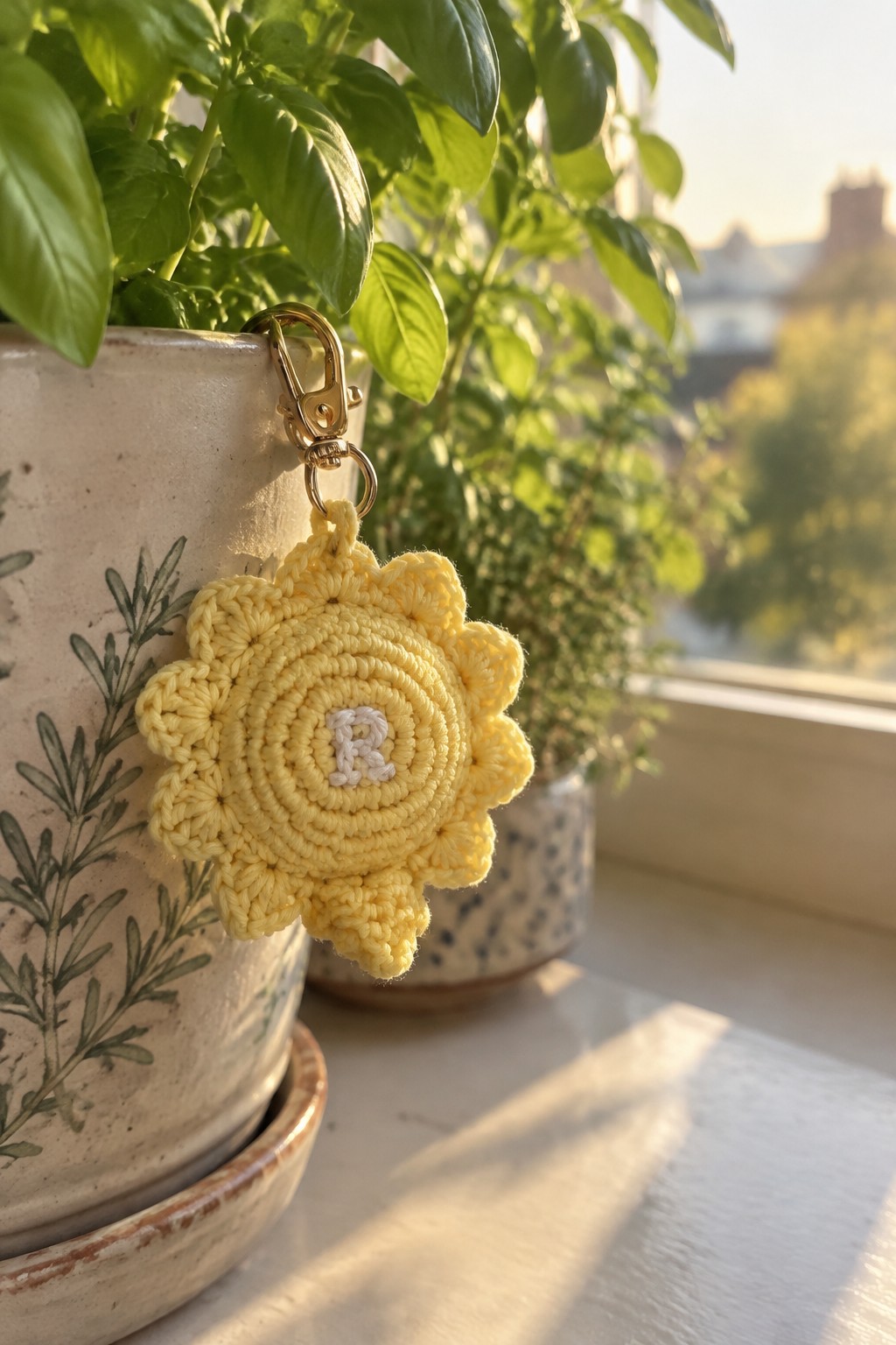 Yellow crocheted sunflower keychain with white R on ceramic herb pot.