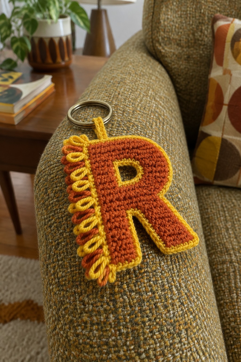 Crocheted orange letter R keychain with yellow fringe on textured couch