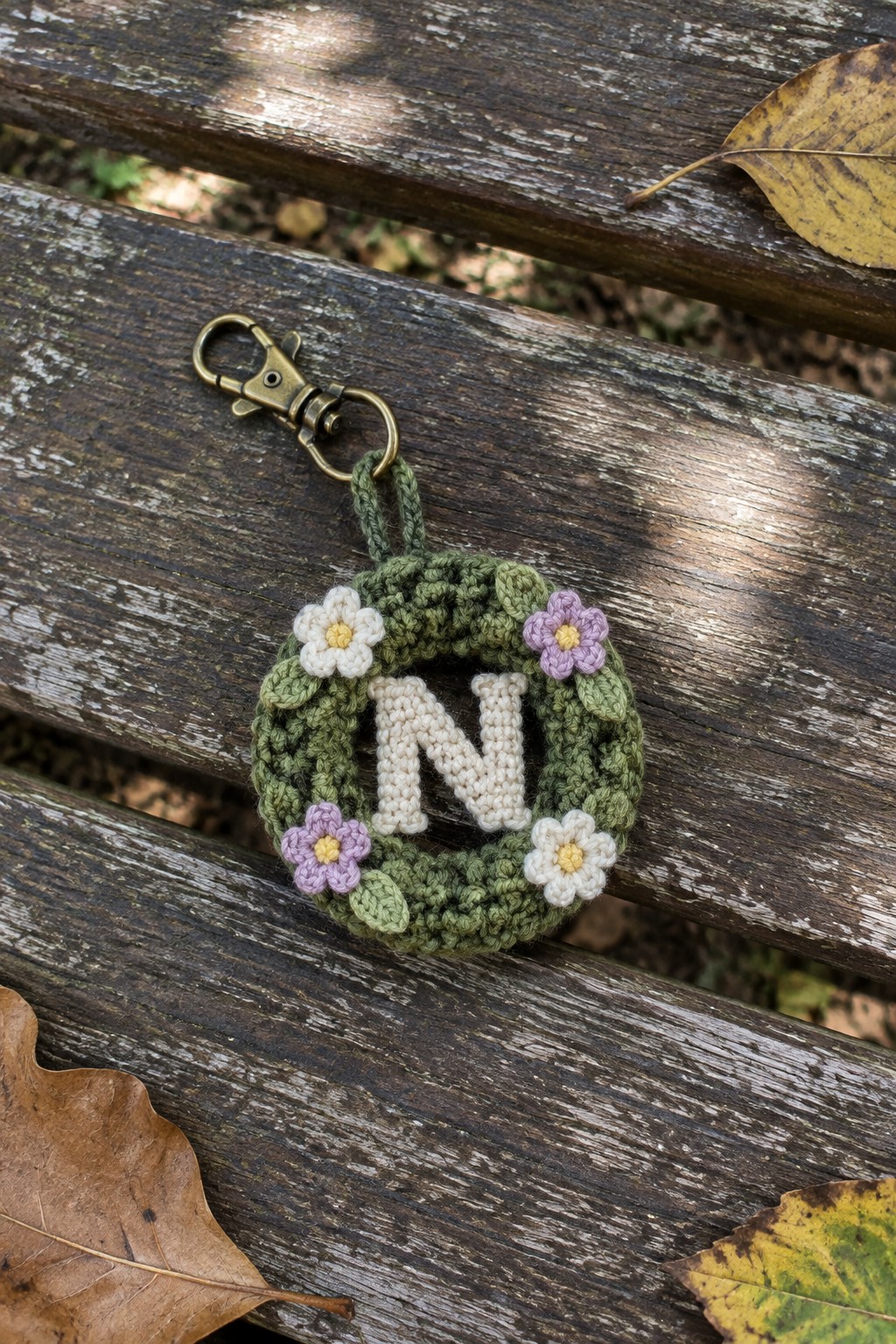 Crocheted green wreath keychain with white N, flowers, and metal clasp on wood