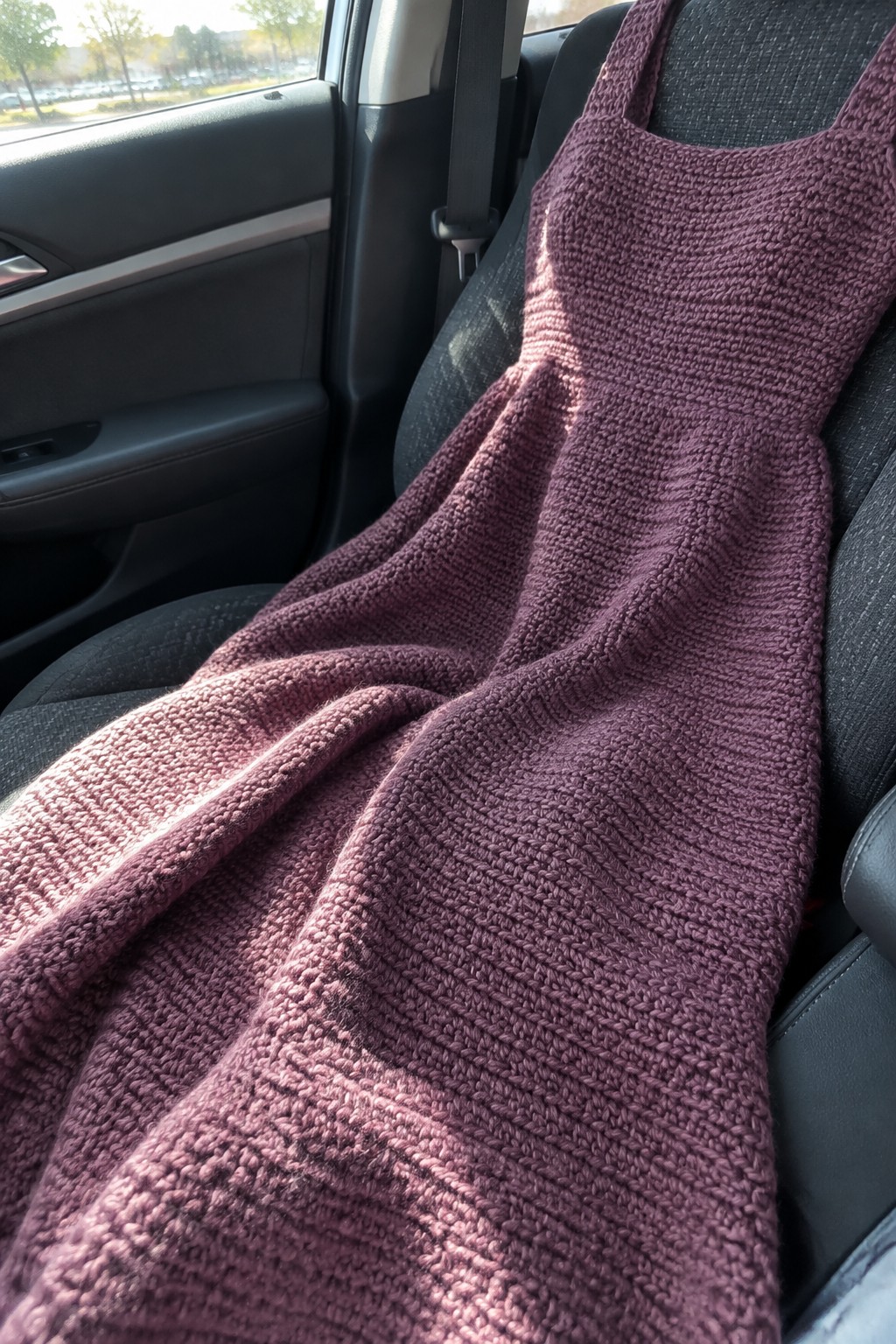 Purple knitted dress draped over black car seat in bright sunlight