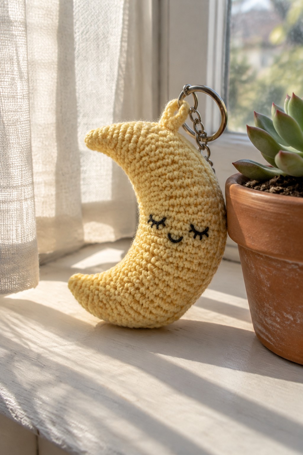 Yellow crocheted crescent moon keychain with smiling face on windowsill beside succulent