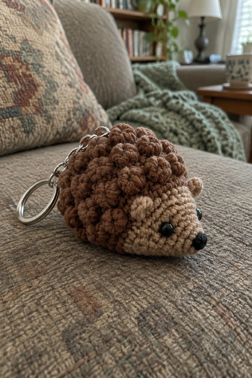 Crocheted brown hedgehog keychain with metal ring on textured couch