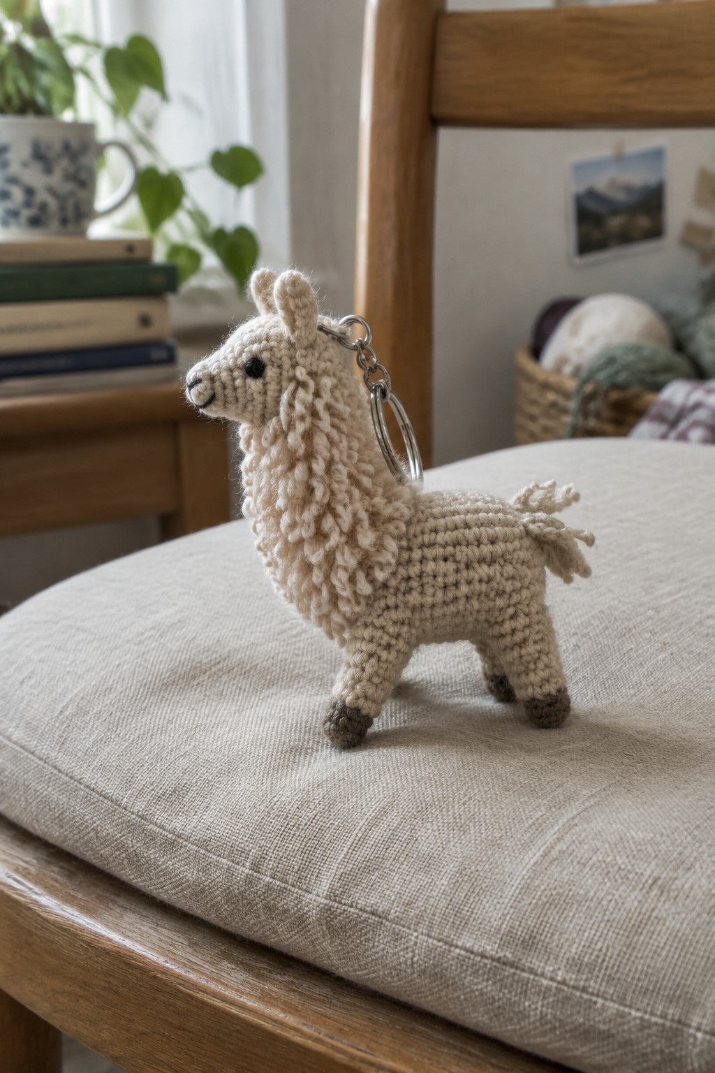 A small beige crocheted llama keychain with a metal ring attached sits on a fabric chair.