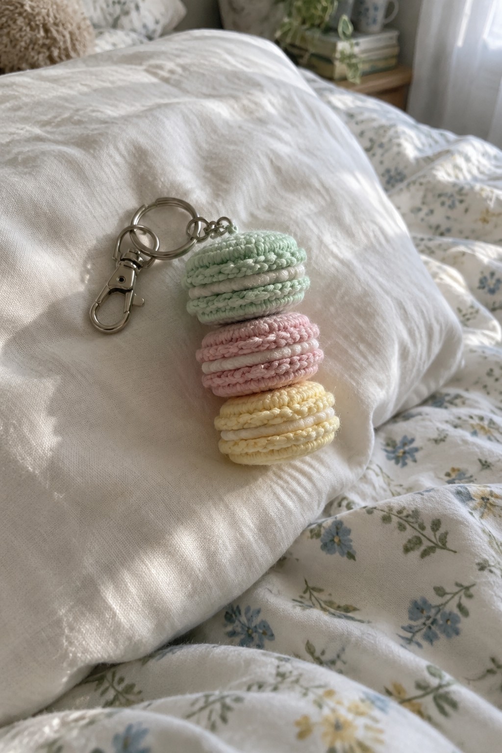 Crocheted pastel macaron keychain resting on white floral bedding.