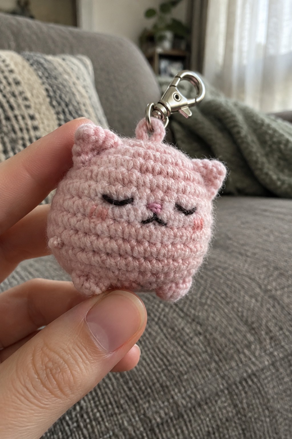 Hand holding pink crocheted cat keychain with closed eyes and metal clasp