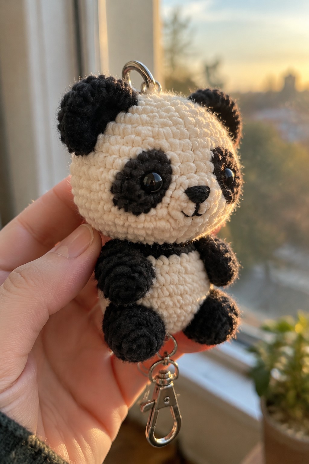 Hand holds crocheted black-and-white panda keychain with metal clasp near sunlit window.