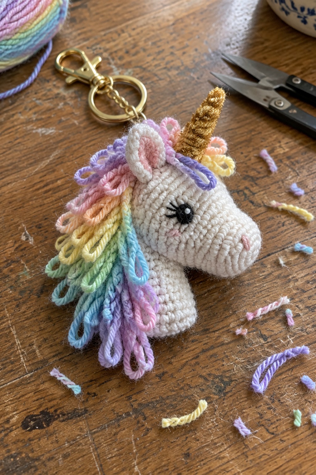 Crocheted white unicorn keychain with rainbow mane and golden horn on wooden table