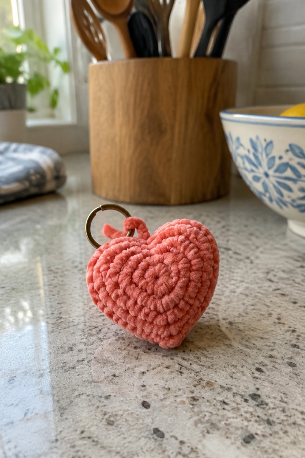 Pink crocheted heart keychain on speckled kitchen countertop with wooden utensils behind.