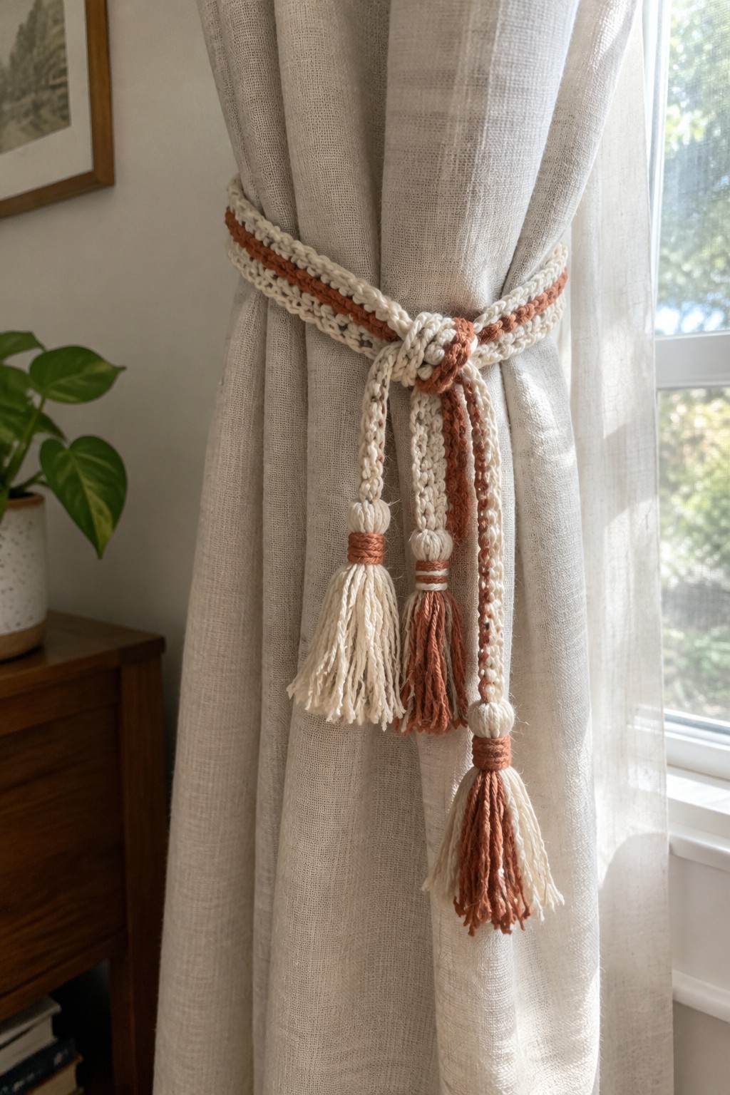 Crocheted curtain tie-back in cream and terracotta holding a linen panel with three tassels.