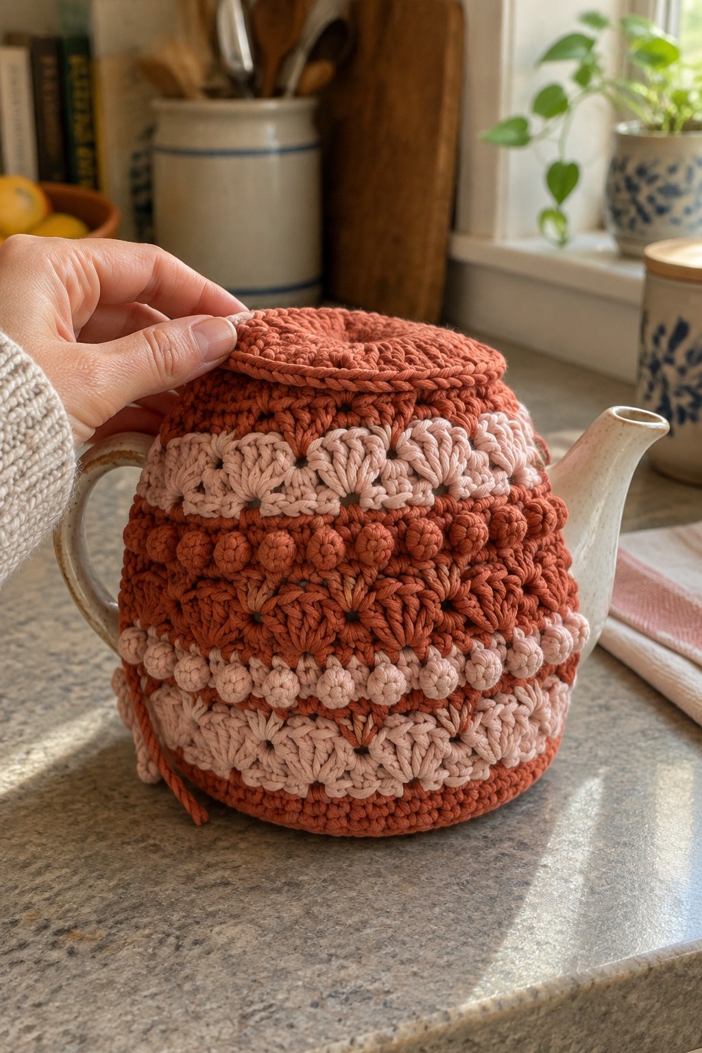 Hand touching striped crocheted tea cozy on a ceramic teapot