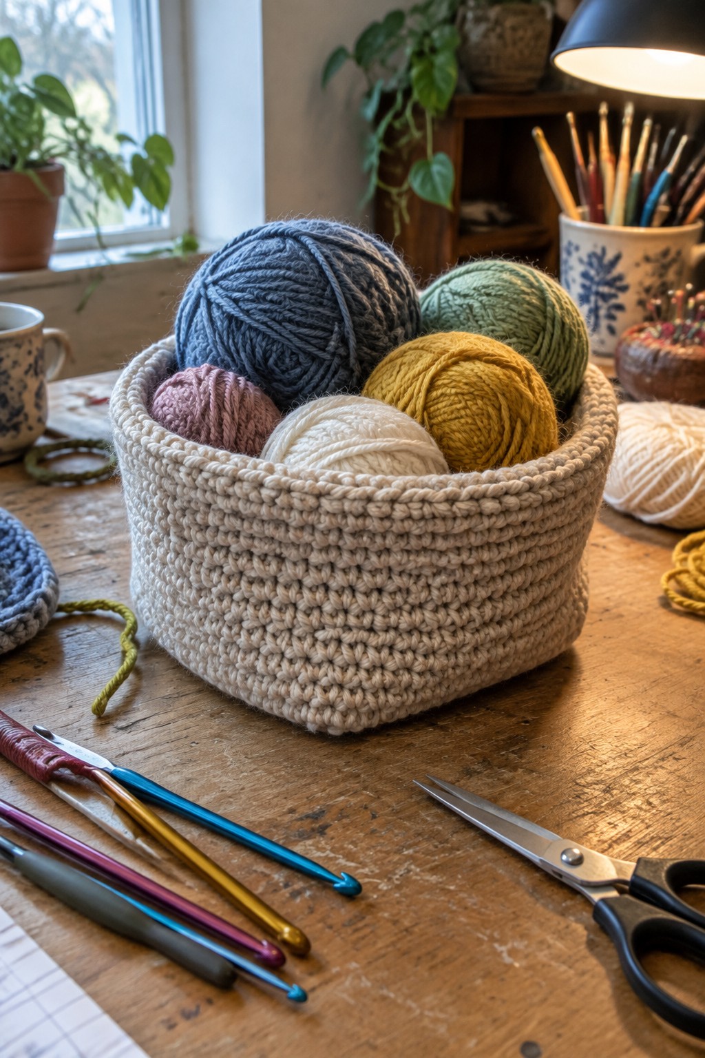 Crocheted basket filled with colorful yarn balls, hooks and scissors on wooden table
