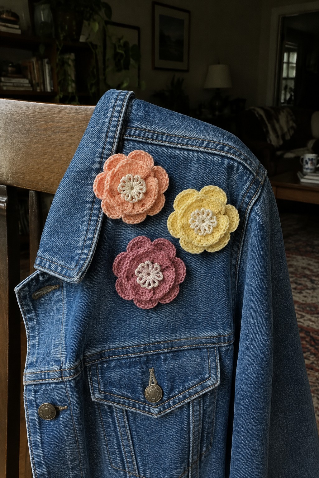 Blue denim jacket with peach, yellow, and pink crocheted flowers on wooden chair.