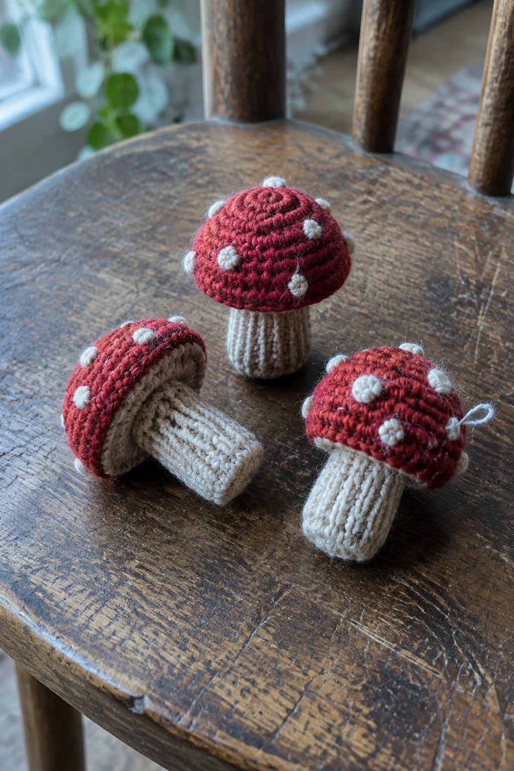 Three knitted red mushrooms with white spots and beige stems on wood.