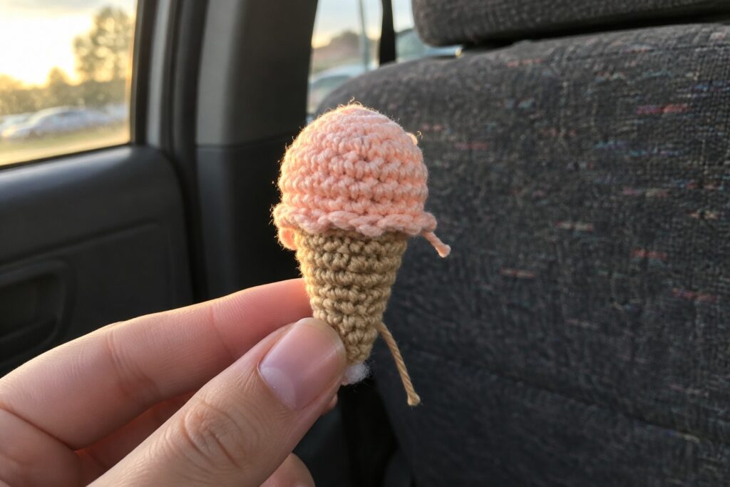 Hand holding crocheted pink ice cream cone in sunlit car seat.