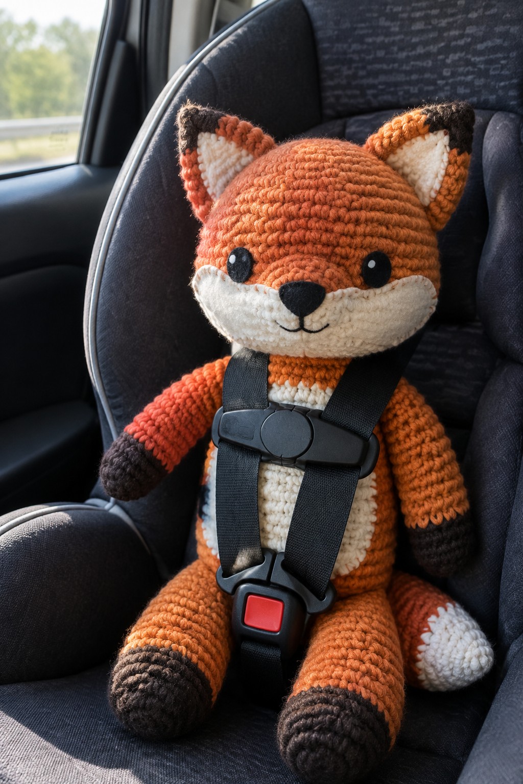 Crocheted orange fox toy buckled into black car seat harness