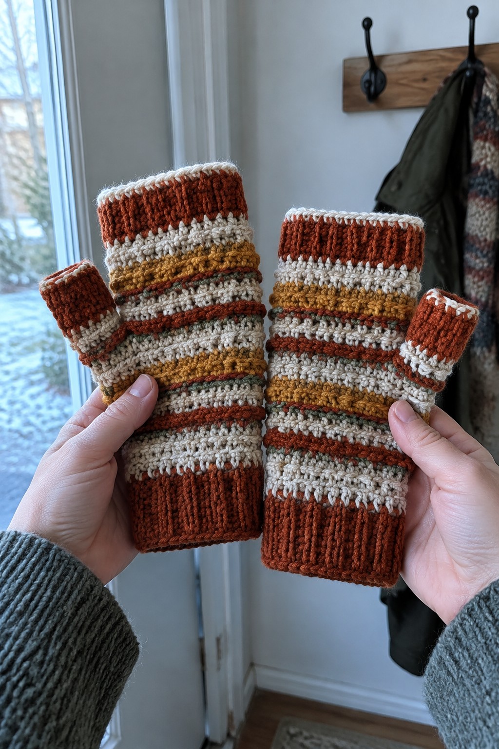 Hands holding striped knitted fingerless mittens in orange, yellow, and cream.