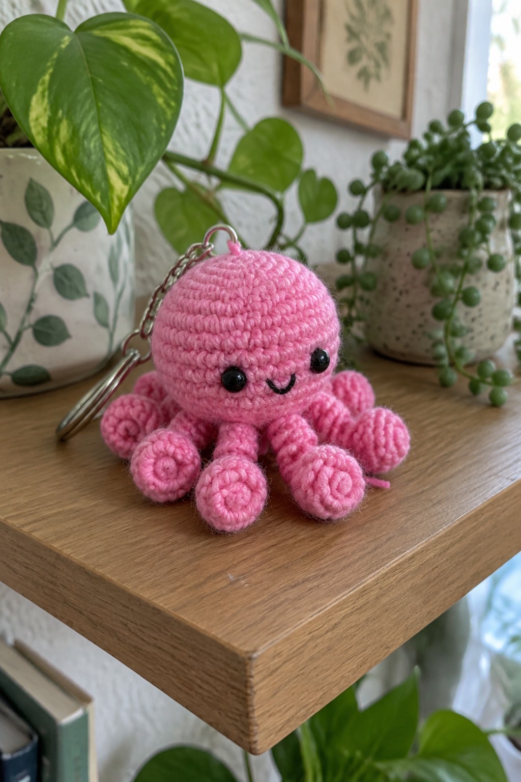 Pink crocheted octopus keychain with curled tentacles and a smiling face on a wooden shelf.