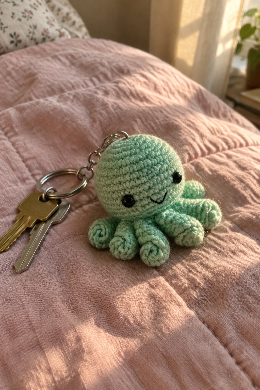 Mint green crocheted octopus keychain with keys on pink quilted bed in sunlight.