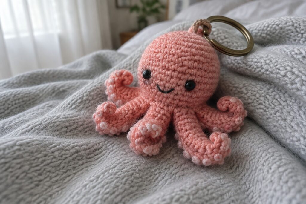 20 Tiny Octopus Crochet Keychain Ideas With Curled Tentacles Pink crocheted octopus keychain with blue eyes on gray knitted blanket.