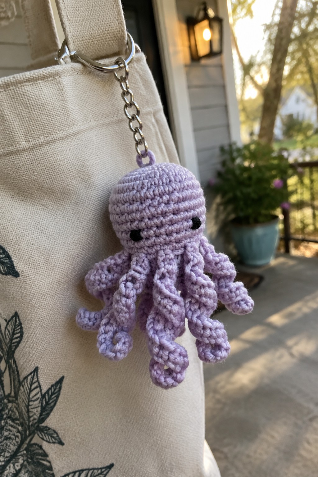 Purple crocheted octopus keychain dangling from beige canvas tote bag with leaf print.