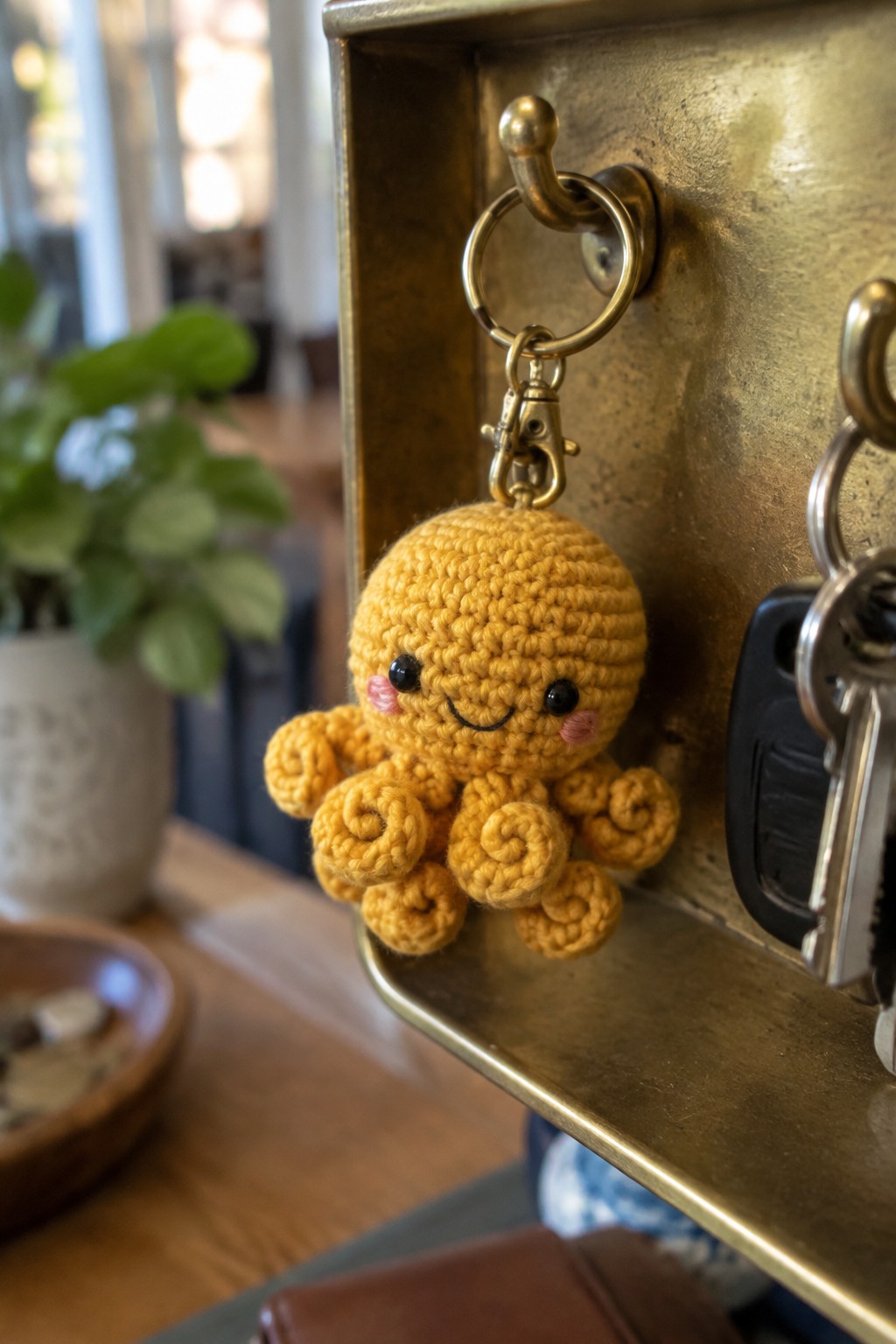 Yellow crocheted octopus keychain with smiling face hangs from brass hook near keys