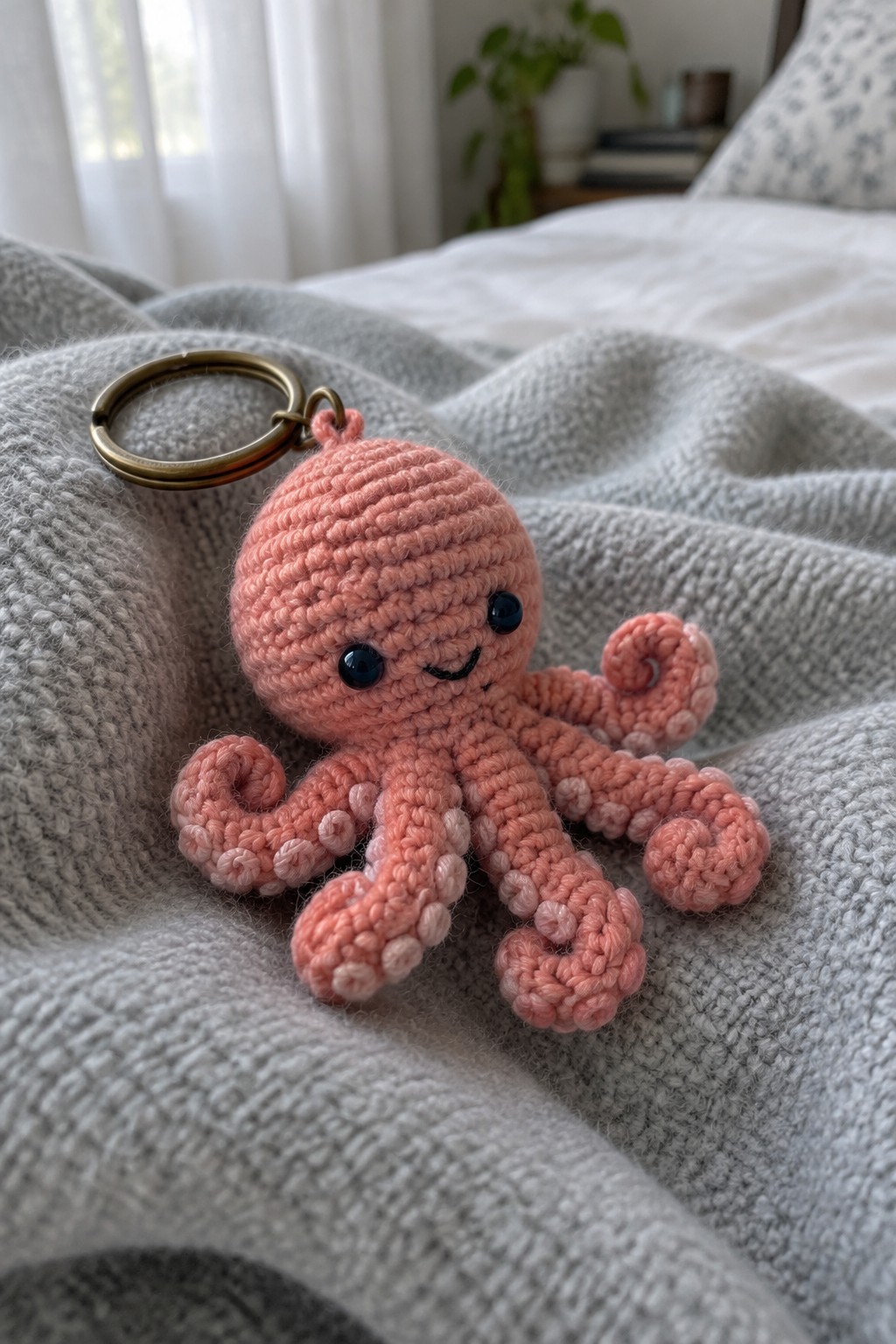 Pink crocheted octopus keychain with blue eyes on gray knitted blanket.